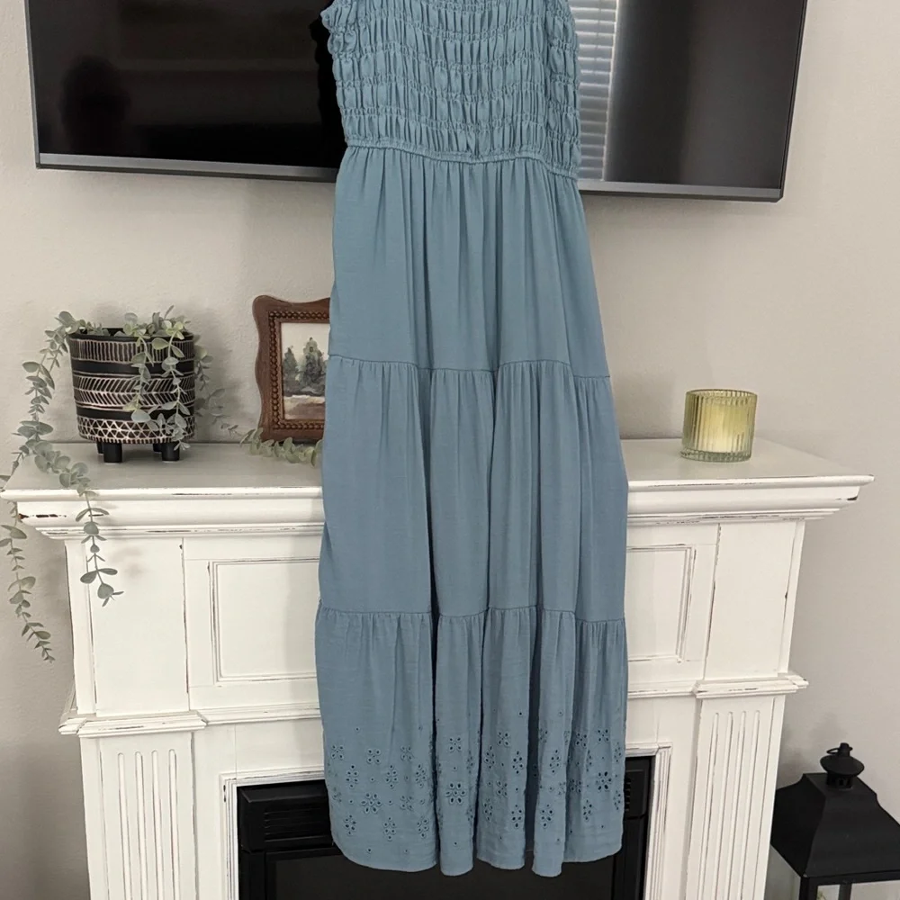 Smocked Ruffle Strap Maxi Dress in Dusty Blue - Picture 7 of 8